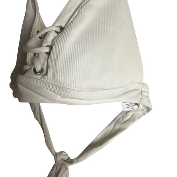 Becca Rebecca Virtue Modern Edge White Ribbed Lace Up Strappy Halter Bikini Top - Picture 6 of 7